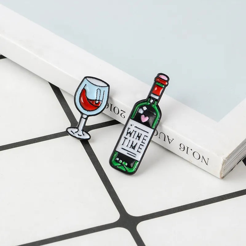 Wine Time Mini Cute Wine and Wine Glasses Couple Pins Red Wine Bottle Cup Brooches Enamel Pin Badge for Lovers Best Friend Pins