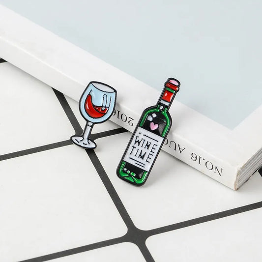 Wine Time Mini Cute Wine and Wine Glasses Couple Pins Red Wine Bottle Cup Brooches Enamel Pin Badge for Lovers Best Friend Pins