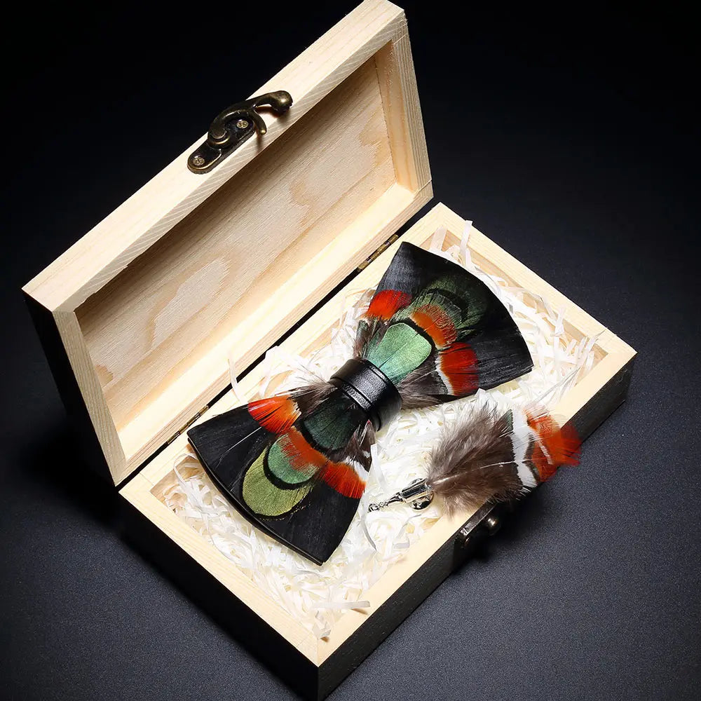 KAMBERFT Design Handmade Feather Bow Tie Brooch Wooden Box Set High Quality Men's Bowtie Leather Tie for Wedding Party Banquet