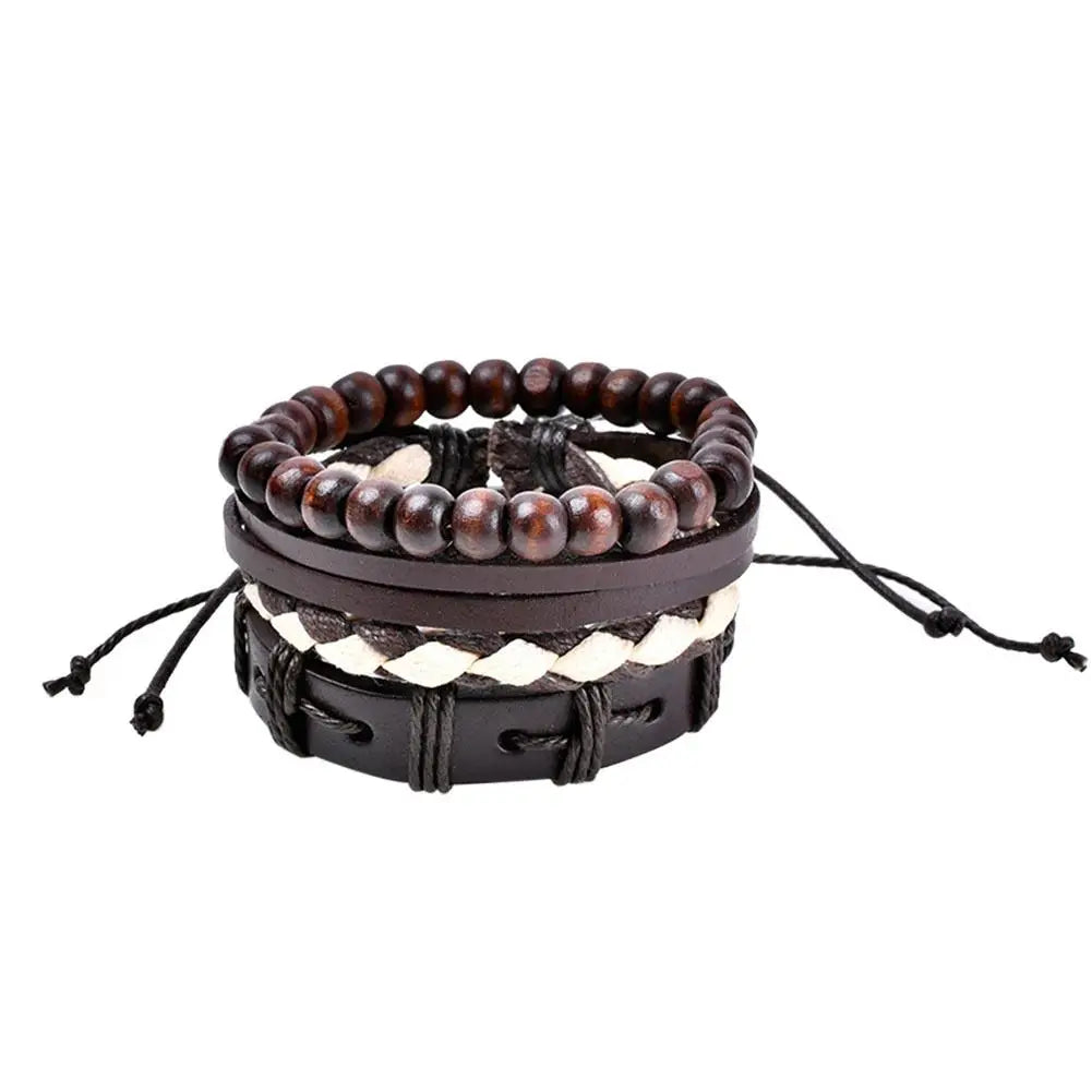 Multilevel Braided Wrap Leather Bracelets for Men Vintage Leather Bracelet Charm Wood Beads Ethnic Wristbands