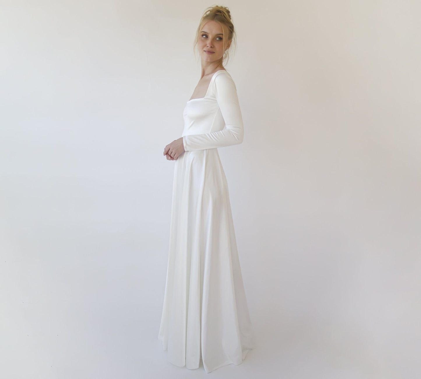 Bestseller Ivory Square Neckline Minimalist Satin Wedding Dress #1351