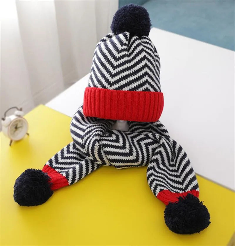 Winter Kid Warm Knit Hat and Scarf Child Patchwork Stripe Hat 2 Piece Set Boy Girls Ear Protection Cap With Pom Pom Scarves