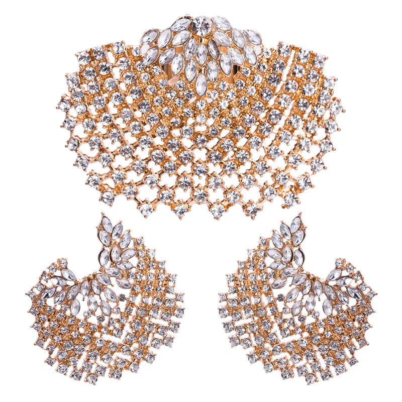 Ahmed Fashion Bohemian Full Rhinestone Gold Silver Shell Stud Earring Ring for Women New Trend Statement Wedding Jewelry