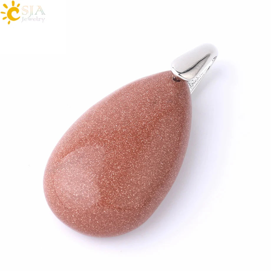 CSJA Natural Gem Stone Pendant Water Drop Necklaces Pendants Tiger Eye Lapis Lazuli Clear Crystal Opal Healing Jewellery E526