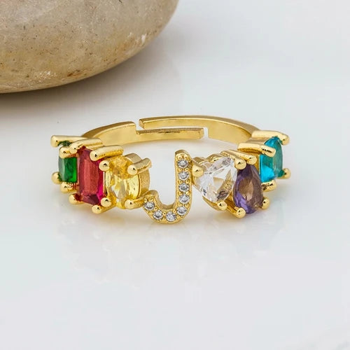 Adjustable A-Z Initial Ring Bohemian Copper Zircon  Rainbow Letter Rings for Women Girls Party Wedding Jewelry