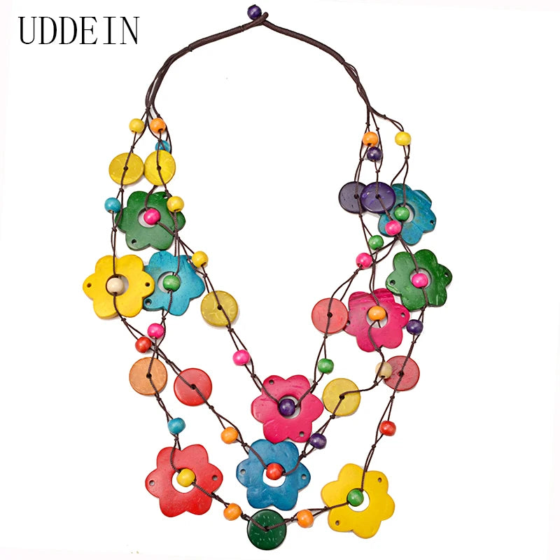 UDDEIN Bohemian Maxi Necklace for Women Party Jewelry Multi Layer Wood Tassel Pendant Statement Choker Flower Necklace Collar