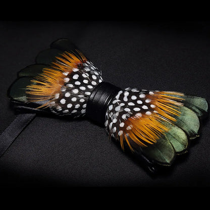 KAMBERFT Designer Brand Handmade Feather and Leather Pre-Tied Bow Tie and Brooch Sets for Men Wedding Party Best Cravate
