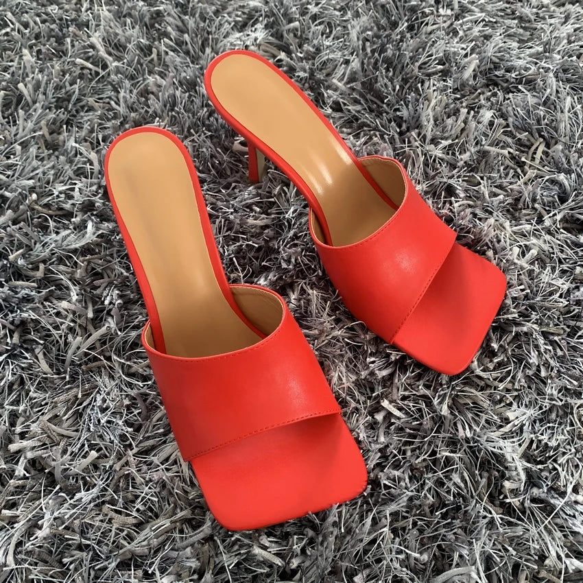 2023 New Summer Women Sandals Square Toe Ladies Heel MulesThin High Heels Sandals Slippers Female Fashion Woman Shoes