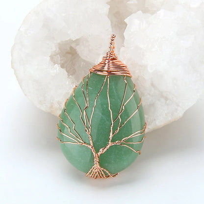 Natural Purple Quartz Opal Stone Pendants Handmade Rose Gold Color Tree of Life Wrapped Drop Shaped Crystal Pendant Necklace