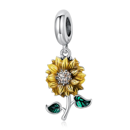 Bamoer 3D Rose Flower Pendant Charm 925 Sterling Silver Rose Gold Color Charms for Bracelet or Necklace DIY Sunflower Charms