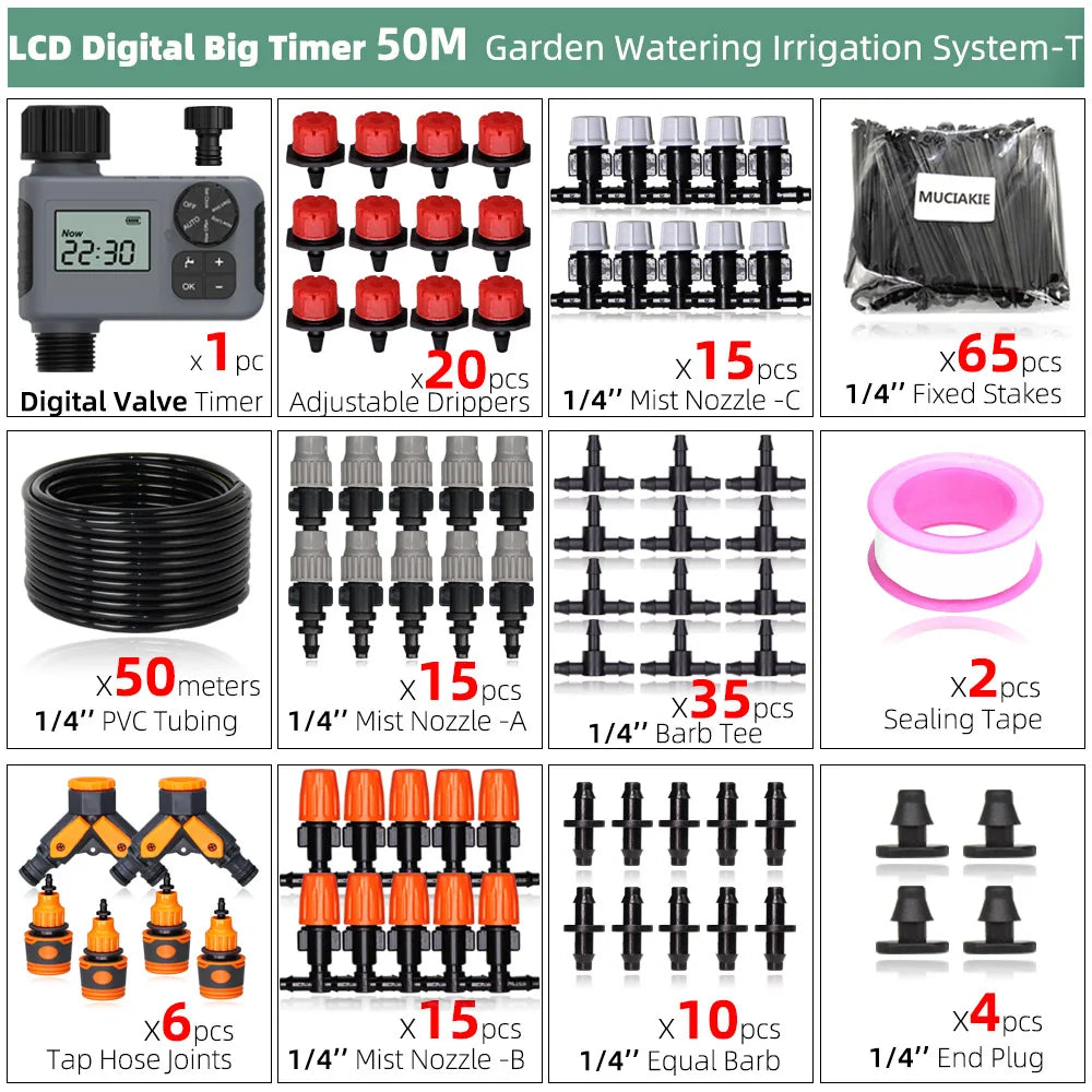 MUCIAKIE 50m-5m DIY Drip Irrigation System Automatic Watering Garden Hose Micro Drip Watering Kits With Adjustable Drippers