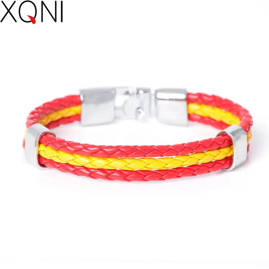XQNI Fashion National Spain Flag ID Leather Bracelet Trendy Braided Surfer Bandage Charm Sporty Bracelets for Men Women Bangles