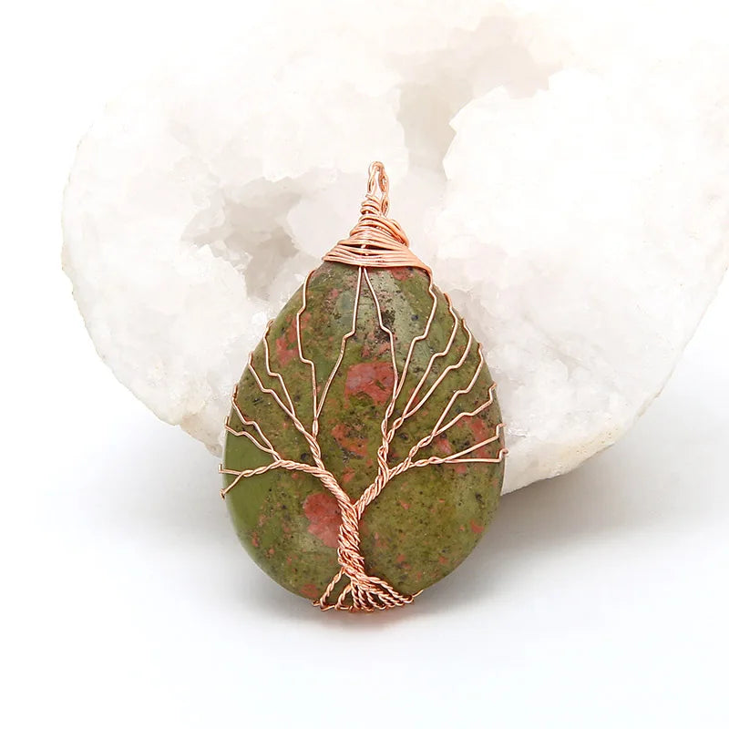 Natural Purple Quartz Opal Stone Pendants Handmade Rose Gold Color Tree of Life Wrapped Drop Shaped Crystal Pendant Necklace