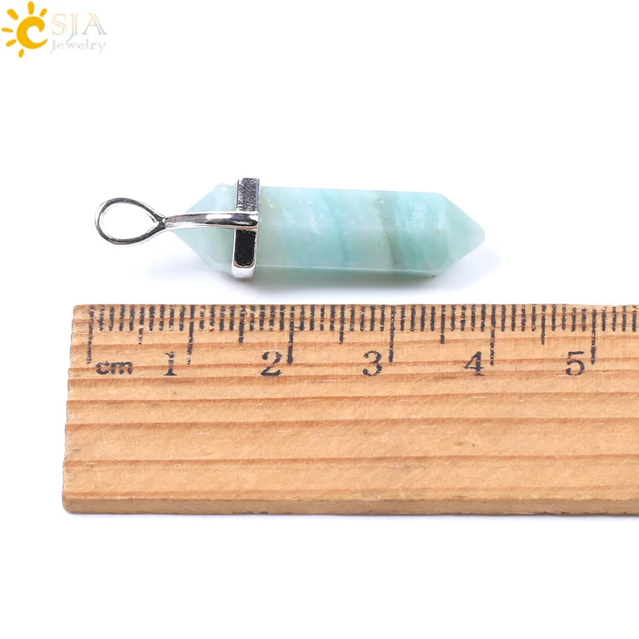 CSJA Hexagonal Column Necklaces Natural Stone Amazonite Pendant Two Sharp Angle Quartz Beads for Women Men Jewelry F185