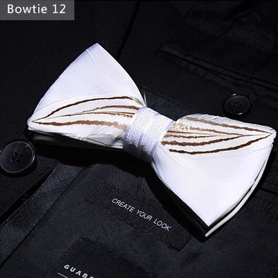 JEMYGINS Bowtie Natural Brid Feather Exquisite Hand Made Men Bow Tie Brooch Pin