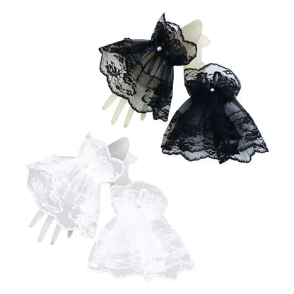 Women Black Lace Wrist Cuffs Bracelets Wedding Rhinestone Bow Fingerless Gloves