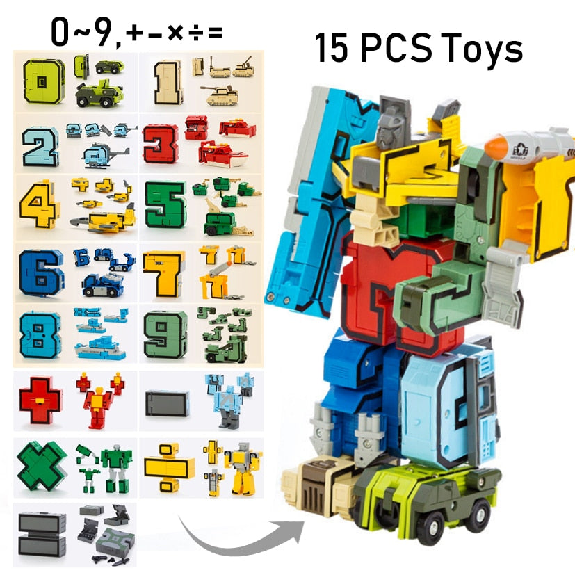 15PCS Assembling Building Blocks Educational Action Figure Transformation Number Robot Deformation Toys for Children