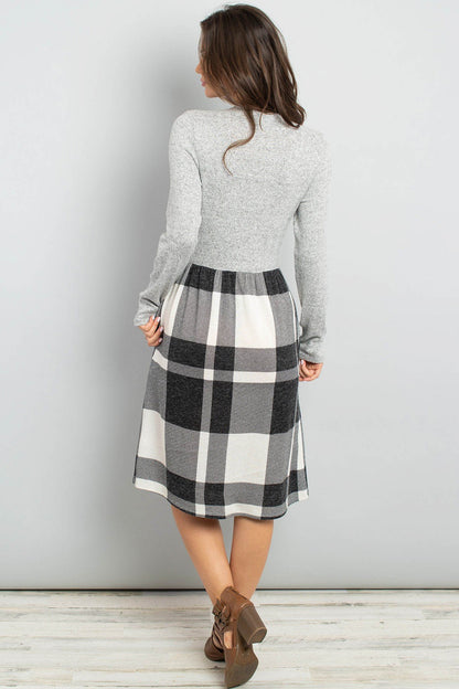 Two Toned High Neck Long Sleeves Plaid Contrast Dress