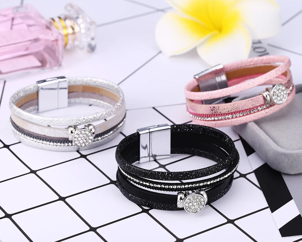 HOCOLE Fashion Gem Rhinestone Magnetic Leather Bracelets & Bangles Bohemian Handmade Multilayer Wrap Jewelry Women Pulseira