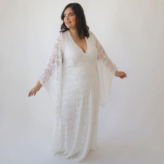 Curvy  Lace Ivory Bridal Kaftan With Fringe ,Bat Sleeves Lace Wedding Dress #1328