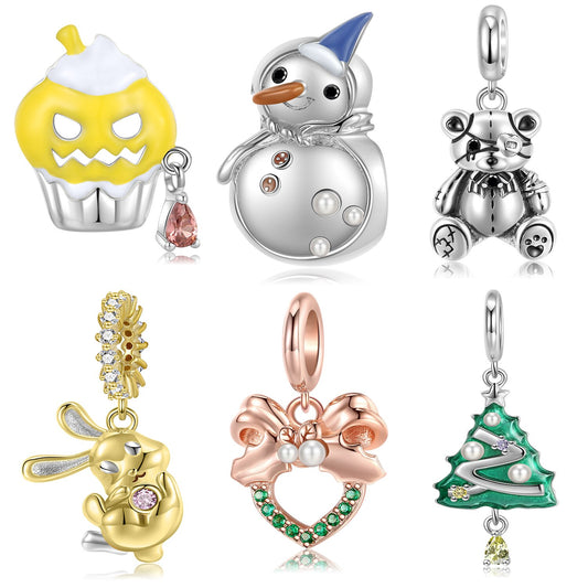 Christmas Collection 925 Sterling Silver Snowman Bead Christmas Tree Little Bear Pendant Charms for Women Christmas