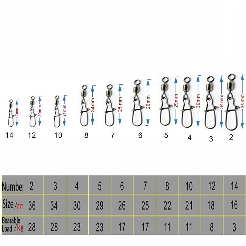 50pcs/1box 2# to 14# Fishing Connector Rolling Swivel Fish Pin Bearing Stainless Steel Snap Hook Lure Tackle Goods for Fishing