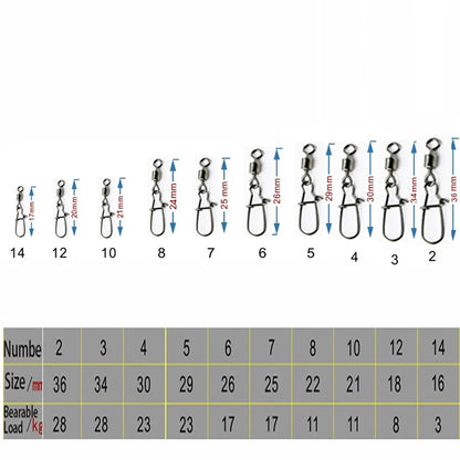50pcs/1box 2# to 14# Fishing Connector Rolling Swivel Fish Pin Bearing Stainless Steel Snap Hook Lure Tackle Goods for Fishing