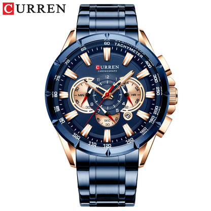 CURREN New Casual Sport Chronograph Men's Watches Stainless Steel Band Wristwatch Big Dial Quartz Clock With Luminous Pointers