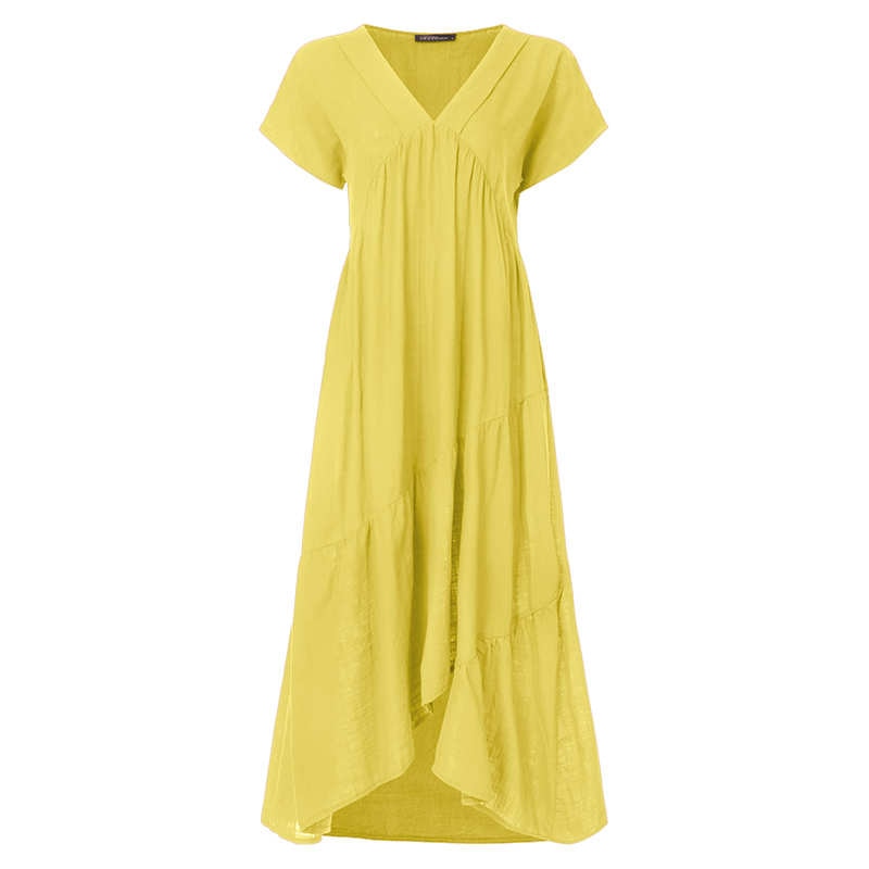 Bohemian Summer Womens Sundress ZANZEA Fashion v Neck Midi Vestidos Female Solid Ruffle Dresses Asymmetrical Robe