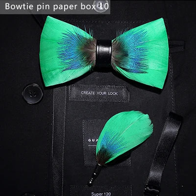 JEMYGINS Bowtie Natural Brid Feather Exquisite Hand Made Men Bow Tie Brooch Pin