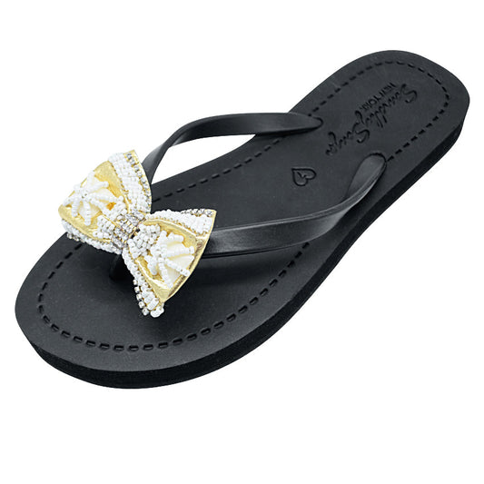 Gold and Pearl Bow-Rhine Stone Embellished Women's Flat Flip Flops