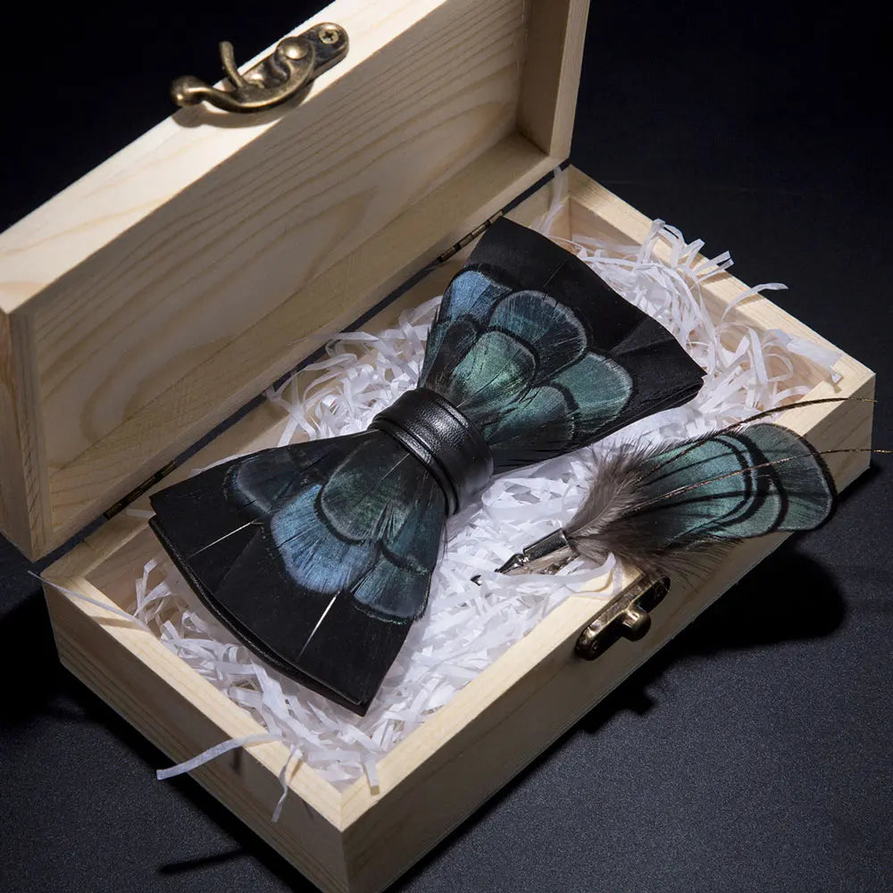 KAMBERFT Design Handmade Feather Bow Tie Brooch Wooden Box Set High Quality Men's Bowtie Leather Tie for Wedding Party Banquet