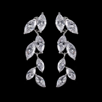 LXOEN Marquise Cut Flower Zirconia Crystal Long Drop Earrings for Women Shiny Leaf CZ Stone Bridal Wedding Jewelry