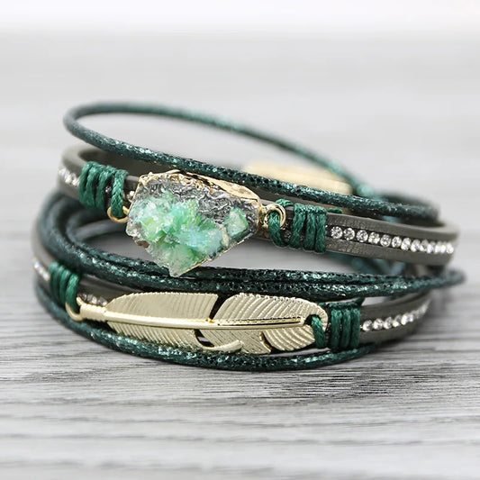 STRATHSPEY Green Leather Bracelets for Women Multilayer Druzy Bracelet Vintage Feather Charm Bracelet Pulseras Mujer 2020