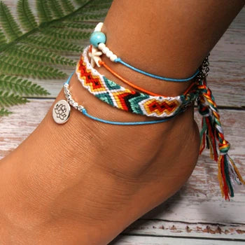 MOON GIRL Handmade Weave Bobo Lotus Anklet Set Fashion Starfish 4 Pieces Bohemian Chic Summer Bracelet Ankle for Women