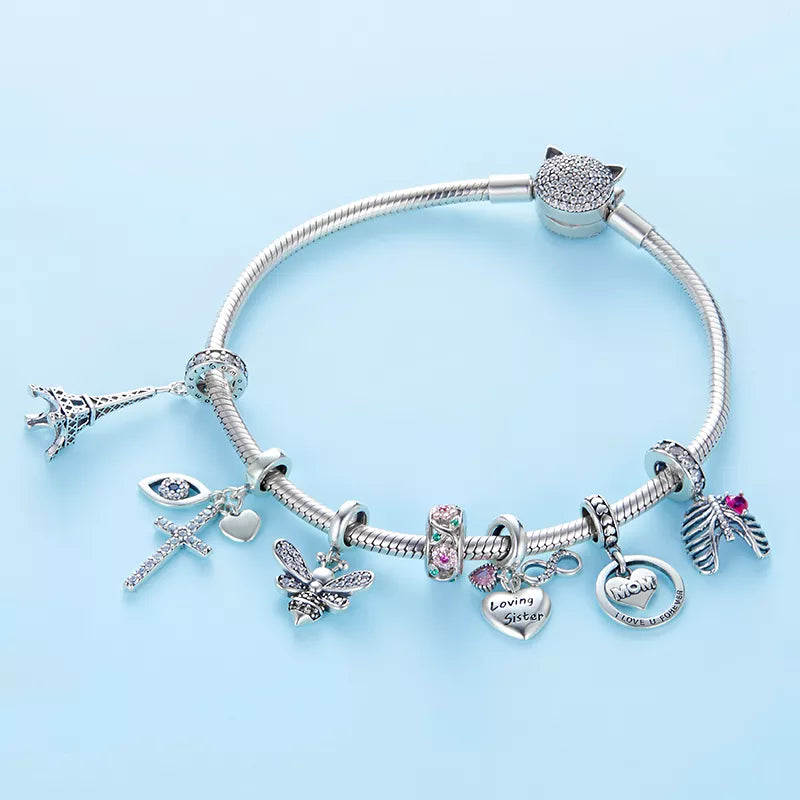 WOSTU 925 Sterling Silver Animal Cat Charm Pendant Heart Family Ladybug Bee Beads Fit Original Bracelet DIY Jewelry for Women