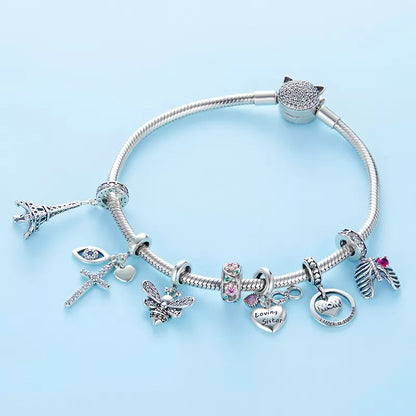 WOSTU 925 Sterling Silver Animal Cat Charm Pendant Heart Family Ladybug Bee Beads Fit Original Bracelet DIY Jewelry for Women