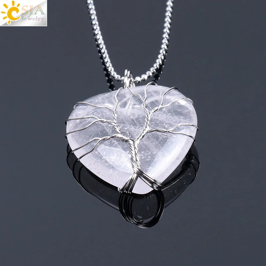 CSJA Tree of Life Wire Wrapped Love Heart Necklace & Pendant Suspension Natural Gem Stone Tiger Eye Pink Quartz Black Onyx F053