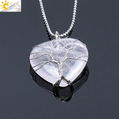CSJA Tree of Life Wire Wrapped Love Heart Necklace & Pendant Suspension Natural Gem Stone Tiger Eye Pink Quartz Black Onyx F053