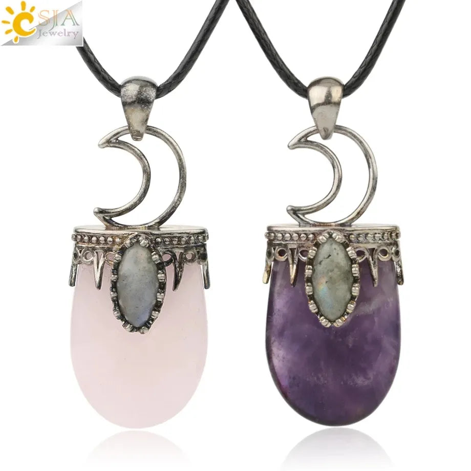 CSJA Natural Stone Crystal Pendants Necklace Antique Silver Color Purple Pink Quartz Necklace Jewelry Crown Moon Charm G274