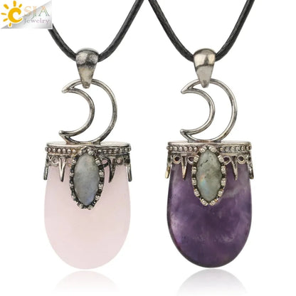 CSJA Natural Stone Crystal Pendants Necklace Antique Silver Color Purple Pink Quartz Necklace Jewelry Crown Moon Charm G274