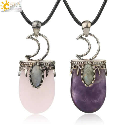 CSJA Natural Stone Crystal Pendants Necklace Antique Silver Color Purple Pink Quartz Necklace Jewelry Crown Moon Charm G274