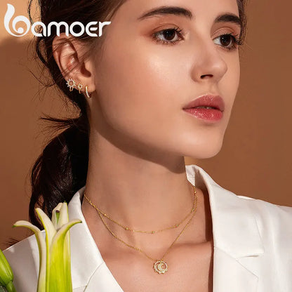 BAMOER 925 Sterling Silver Round Circle Hoop Earrings for Women Gold Color Earrings Sterling Silver Jewelry