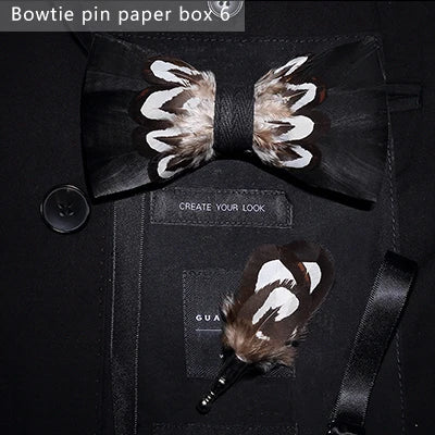 JEMYGINS Bowtie Natural Brid Feather Exquisite Hand Made Men Bow Tie Brooch Pin