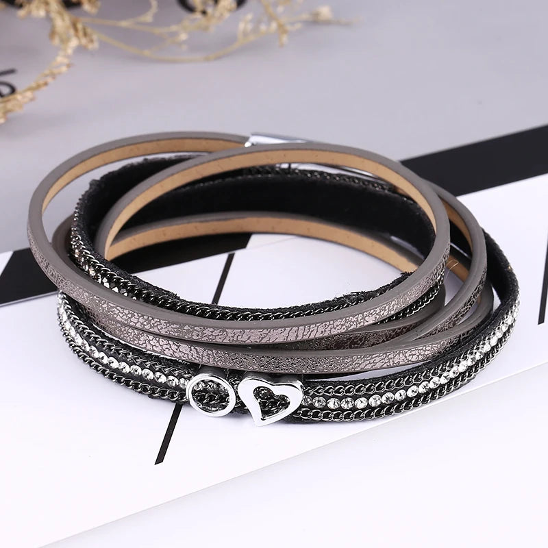 HOCOLE Fashion Gem Rhinestone Magnetic Leather Bracelets & Bangles Bohemian Handmade Multilayer Wrap Jewelry Women Pulseira