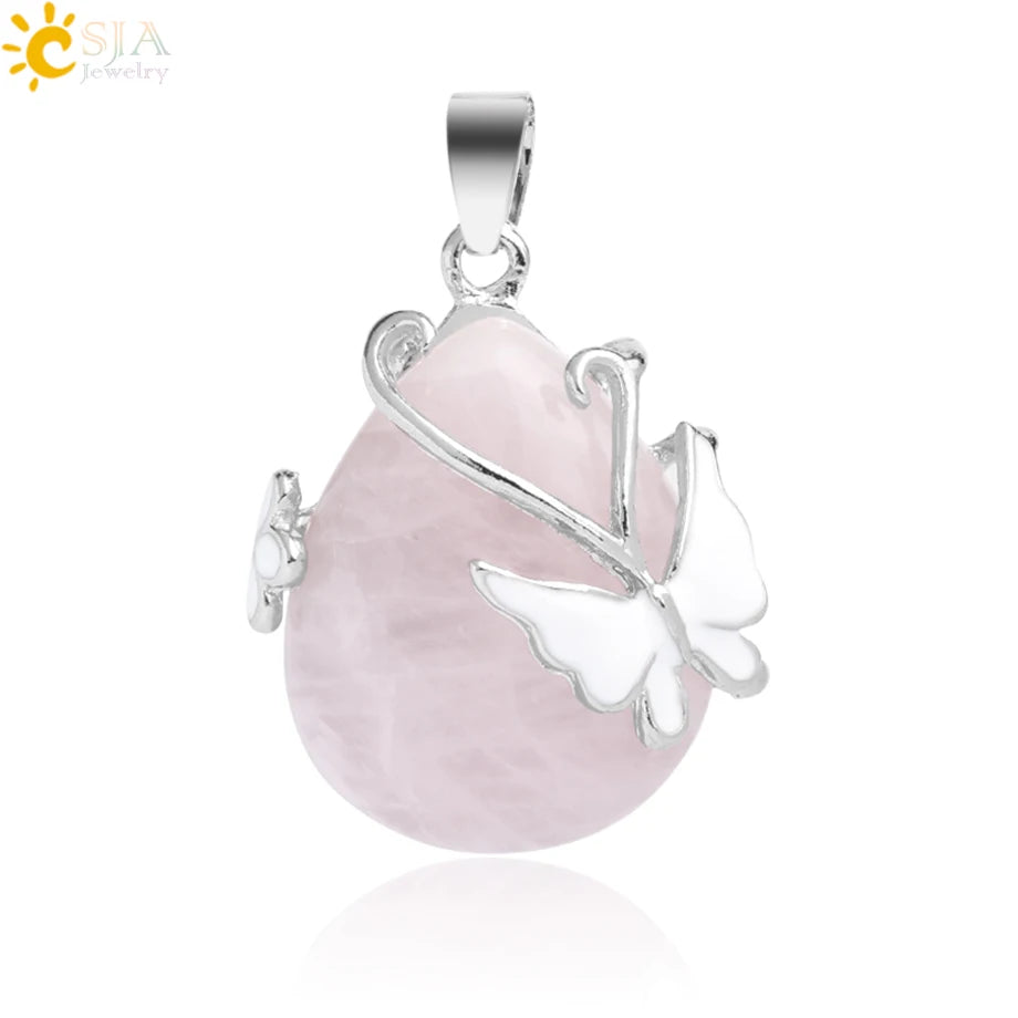 CSJA Water Drop Natural Stone Pendant Butterfly Necklace Pink Quartz Purple Crystal Tiger Eye Flower Necklace for Women Men G082
