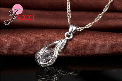 8 Colors Best for Women Girls Friends 925 Sterling Silver Jewelry Set CZ Cubic Zircon Water Drop Necklace Dangle Earrings