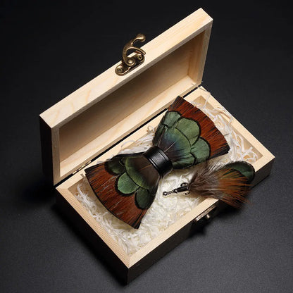 KAMBERFT Design Handmade Feather Bow Tie Brooch Wooden Box Set High Quality Men's Bowtie Leather Tie for Wedding Party Banquet