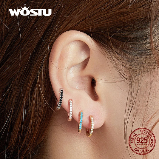 WOSTU 925 Sterling Silver Classic Round Silver Hoop Earrings Authentic Clear Zircon Earrings for Women Jewelry CQE498