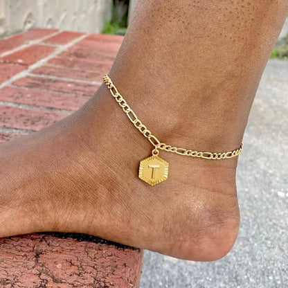 A-Z Initial Letter Anklets for Women Stainless Steel Anklet  21cm + 10cm Figaro Chain Summer Beach Accessories Jewelry